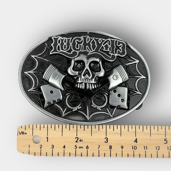 Lucky 13 Belt Buckle Skull Pistons Dice Spider Web Biker Rockabilly Goth Gear - Picture 3 of 3